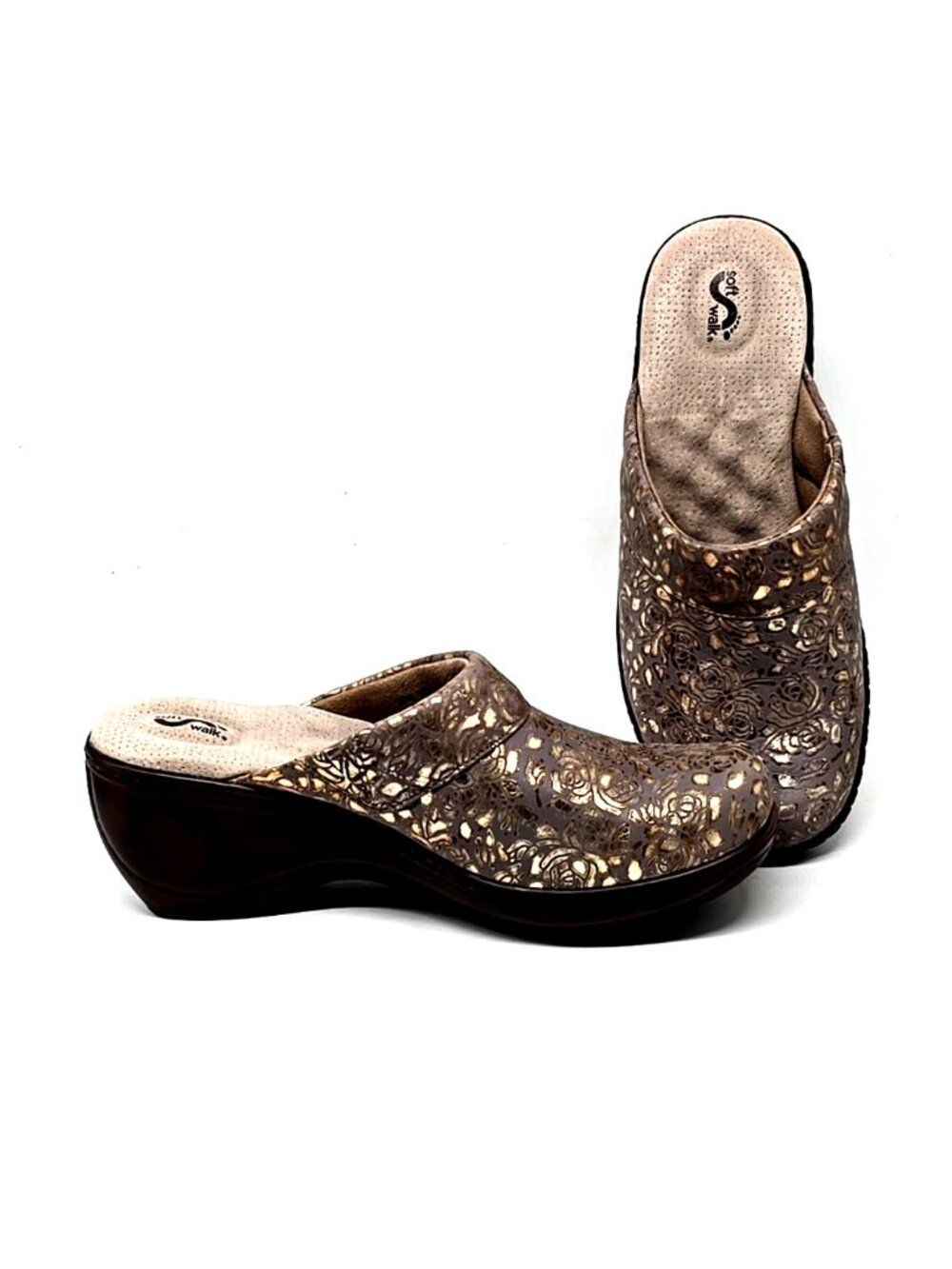 SoftWalk Gray & Gold Embossed Rose Leather Mules Clogs Women's Size 9.5W